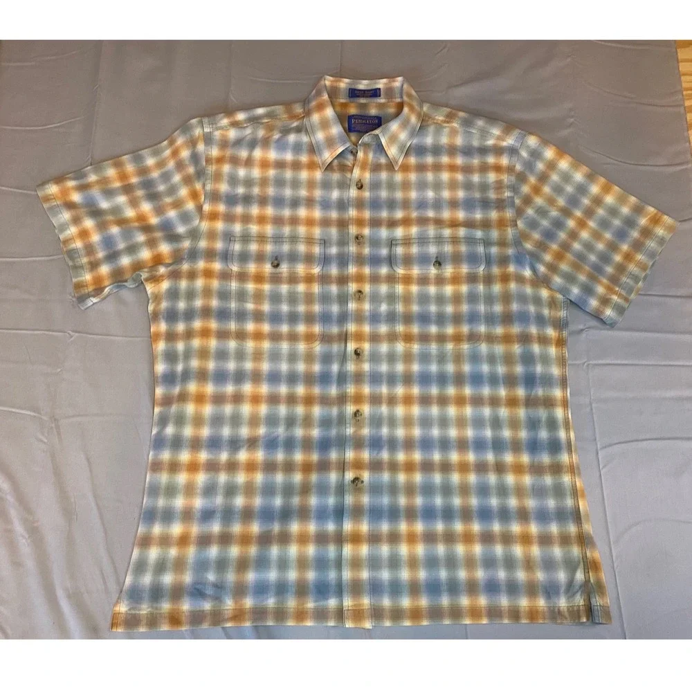 Pendleton Hiker Shirt Mens Large Blue Orange Plaid Excellent Short Sleeve Cotton